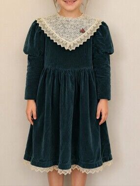 Vintage Little Princess Girls Size 8 Teal Velvet Lace Collar Dress Made Canada